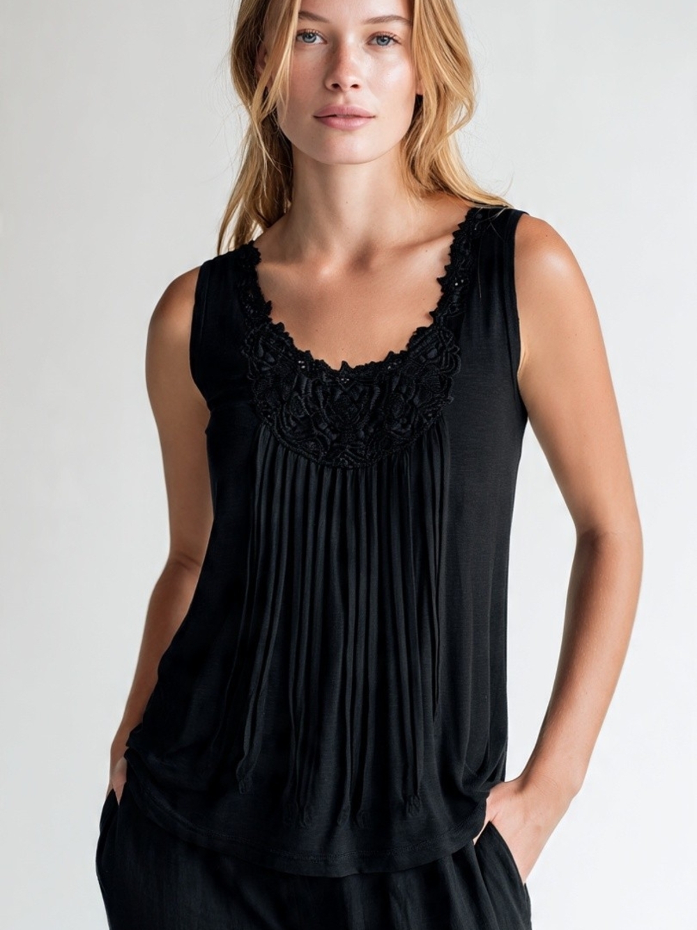 Sleeveless Black Lace-Trim Tank Top